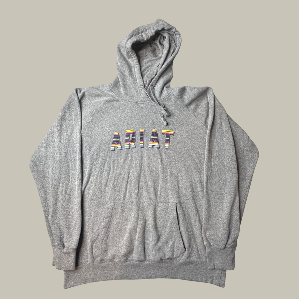 Ariat Hoodie Womens XL REAL Grey Multi-Color Striped Logo Graphic Pullover